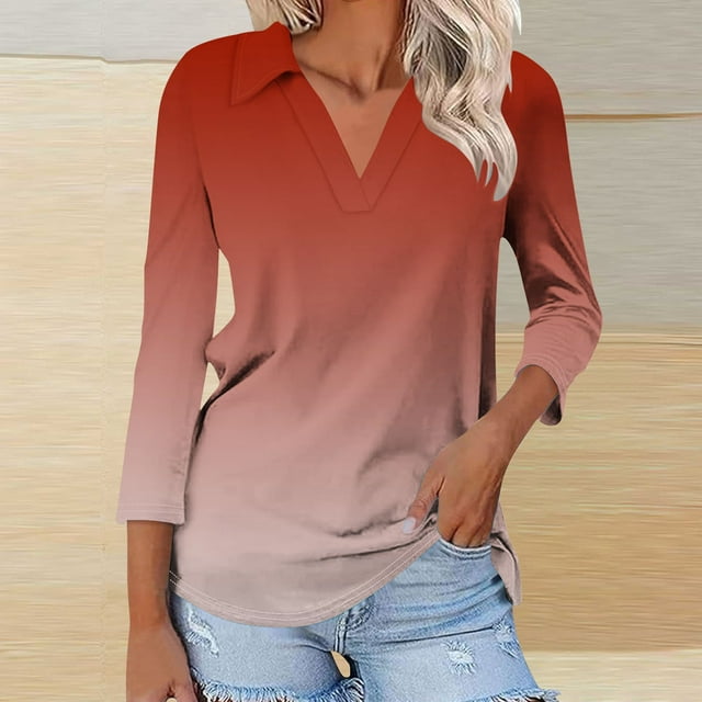 Blouses pour Femmes, T-shirt Assorti Col en V Col Rabattu Manches 3/4