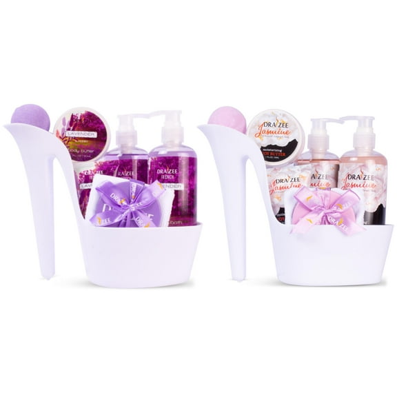 (Set of 2) Draizee Spa Gift Basket for Women Luxury Heel Shoe Spa Baskets 10 Pcs Jasmine, Lavender Scented Spa #1 Christmas Gift Set w/ Shower Gel, Bubble Bath, Body, Butter And Lotion and Much More
