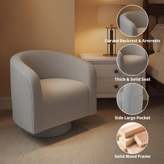 Swivel Barrel Chair Upholstered in Corduroy – 360° Rotation Round Armchair with Curved Back & Armrests, Wood Base, Modern Accent Chair for Living Room, Bedroom, Reading Room, Green/Gray/Beige