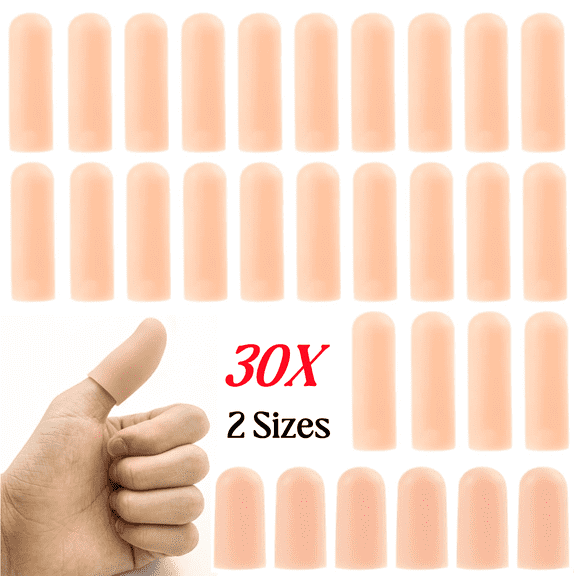 30PCS Gel Finger Cots for Thumbs, 2 Sizes Silicone Finger Caps, Rubber Finger Protector Covers for Trigger, Arthritis, Cracking, Peeling, Hangnail, Callus and Pain Relief