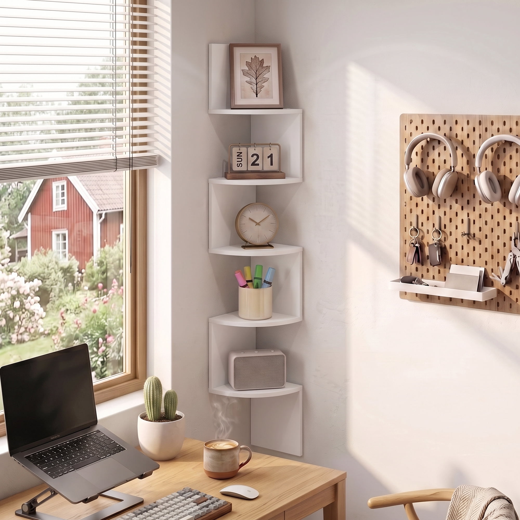 Furinno 5-Tier Floating Corner Shelf  Wall Mount Shelves for Storage and Display  White