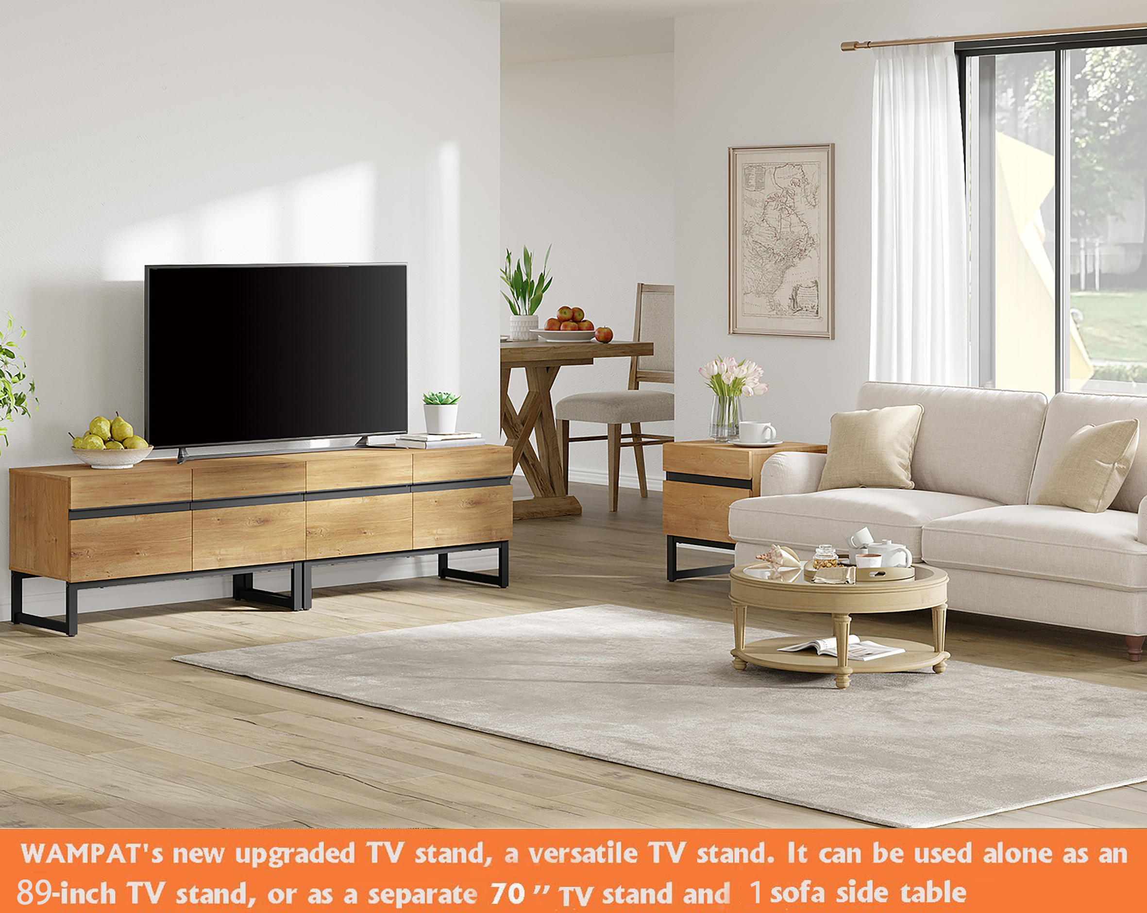 WAMPAT Modern TV Stand, 3-in-1 Entertainment Center with Storage Cabinets & Metal Base, 89" Oak, Fits TVs Up to 90"