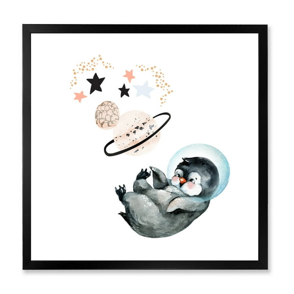 Designart 'Little Penguin With Planets and Stars I' Farmhouse Framed Art Print