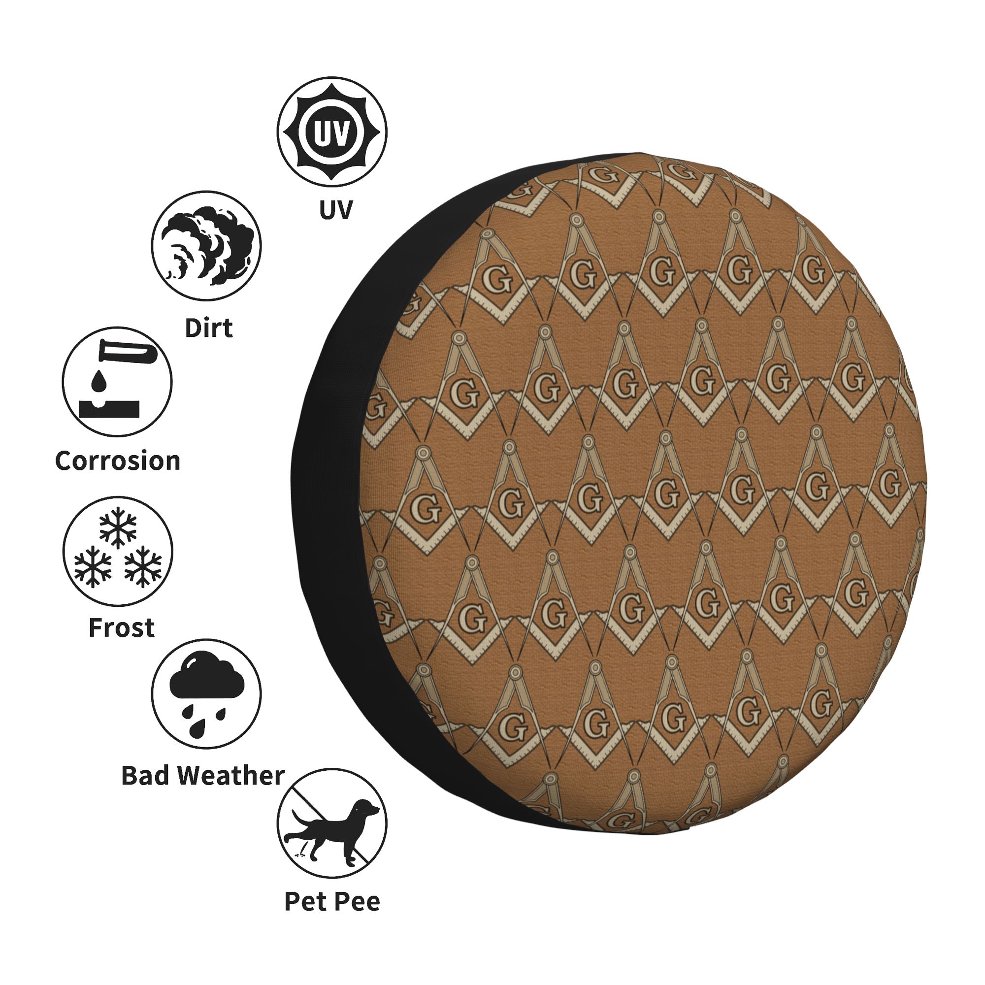 XMXY Brown Mason Masonic Symbol Spare Tire Cover, Universal Waterproof Cover  for Jeep RV Tire Wheel Protection, 17 inch