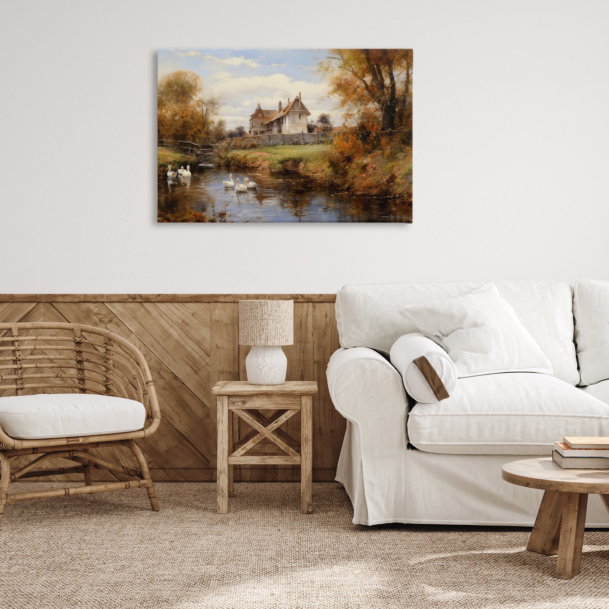 Stupell Industries Ducks in Cottage River Landscape & Nature Painting Wrapped Canvas Art Print Wall Art, 36 x 24