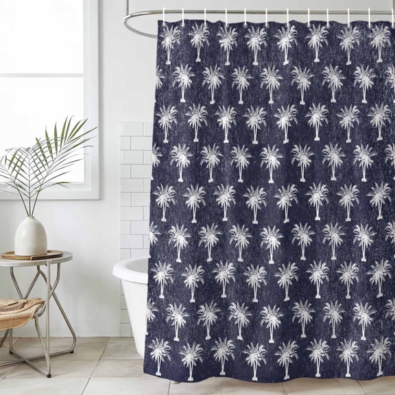Date Tree Shower Curtain Set, Waterproof Shower Curtains for Bathroom, Navy Blue Farmhouse Summer Tropical Plants Washable Fabric Cloth Bath Curtain for Bathtub Decoration with Hooks 48x72 Inches