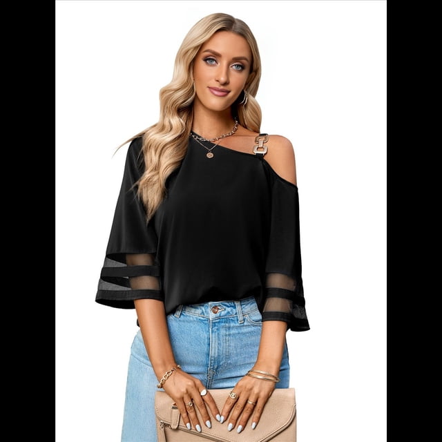 Blusa Informal con Hombros Descubiertos y Panel de para Mujer, Mangas 3/4 Acampanadas, Color Negro, Talla S