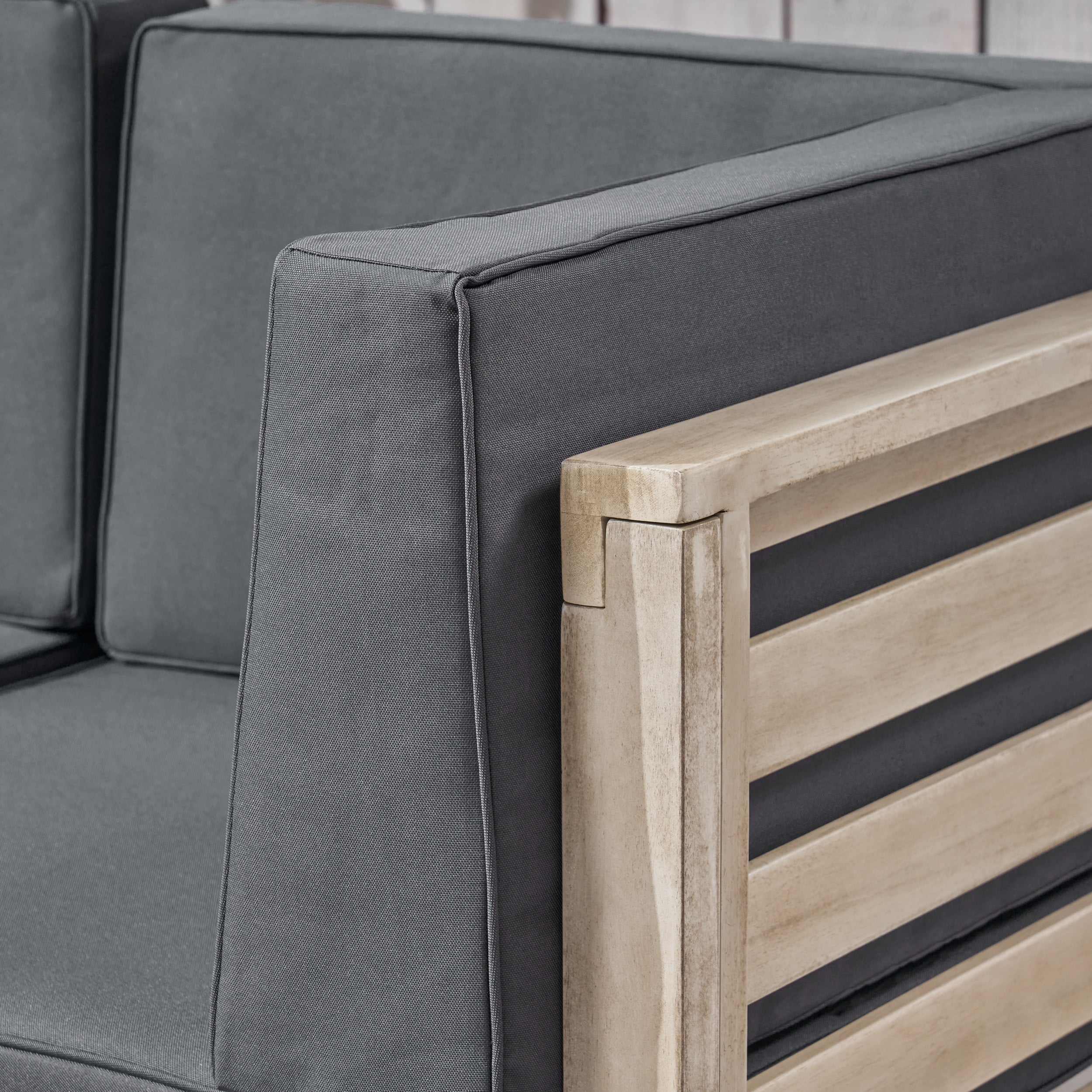 Frankie Outdoor Acacia Wood Sectional Loveseat with Cushions, Weathered Gray, Dark Gray