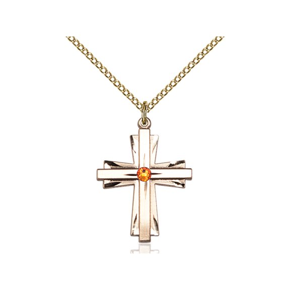 Gold Filled Cross Pendant with 3mm November Yellow Swarovski Crystal 1 X 3/4 inches with 18 inch Gold Filled Curb Chain
