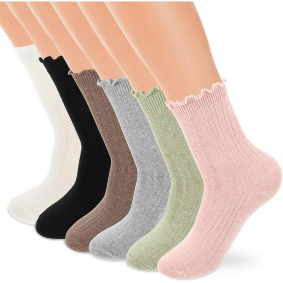 Womens Ruffle Cute Socks 6 Pairs Cotton Crew Socks Casual Frilly Socks Soft Lettuce Edge Socks for Mary Jane Shoes (6 Colors)