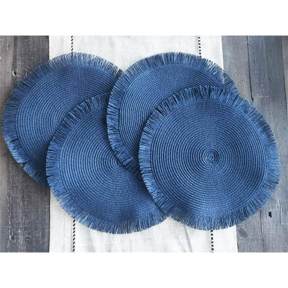 Fennco Styles Handwoven Fringe Boho Placemats 15" Round, Set of 4 - Navy Blue Braided Texture Table Mats for Home, Dining Room, Banquets, Family Gathering and Special Occasion
