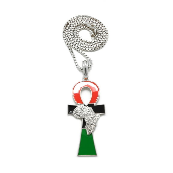 iJewelry2 Afro-American Colored Coptic ANKH Nugget Design Cross with Africa Motif Silver Tone Box Chain Pendant Necklace 18''