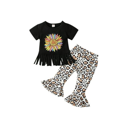 

Fullvigor Baby Sets Short Sleeve Tassel Hem O-Neck T-Shirt Leopard Bell-Bottom Pants