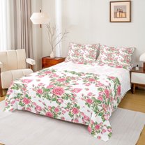 Manfei Pink Rose Bed Sheets Set Full Size, Vintage Floral Flower Bedding Full Size, Spring Garden Full Sheet Sets, Breathable Room Decoration, 4-Piece