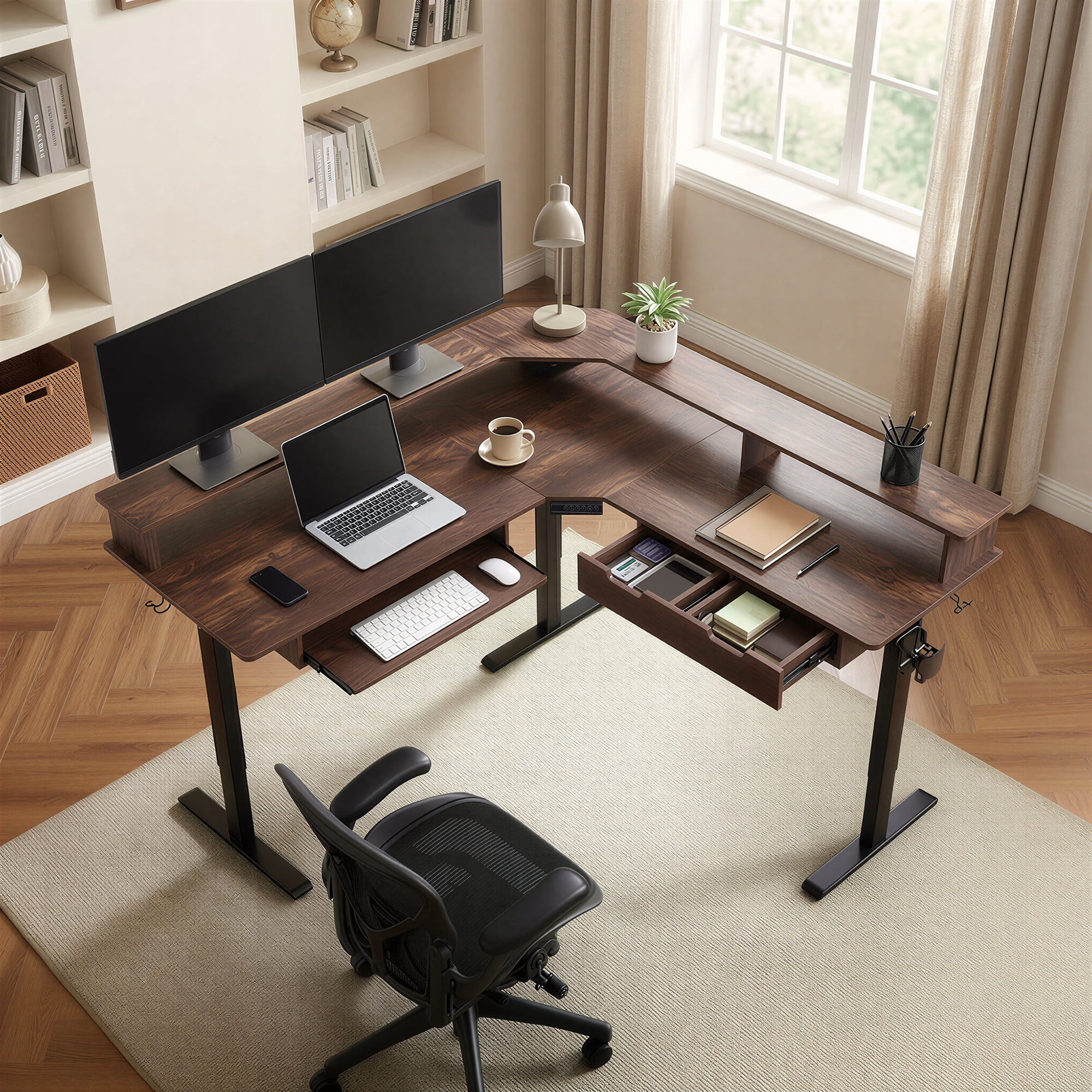 KeyWhat 60" L Shaped Standing Desk, Electric Height Adjustable Computer Desk with Shelves & Keyboard Tray & LED Strip & Power Outlets, Dark Walnut