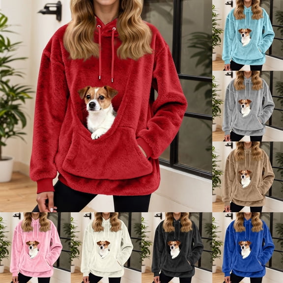 idosla Cat Dog Pouch Hoodie for Women Fleece Pet Carrier Kangaroo Pouch Sweatshirts with Large Pocket Pullover sharpa Warm Shirt (Grey, S)