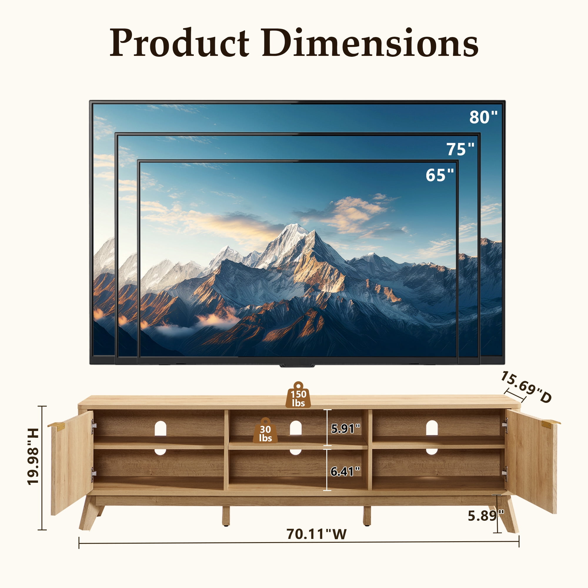 KeyWhat 70" TV Stand with 2 Soft Close Door, Modern Entertainment Center Console Table, Media Furniture for Living Room, Natural Oak