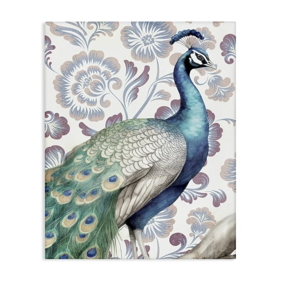 Stupell Industries Peacock on Vintage Florals Animals Painting Wrapped Canvas Art Print Wall Art, 16 x 20