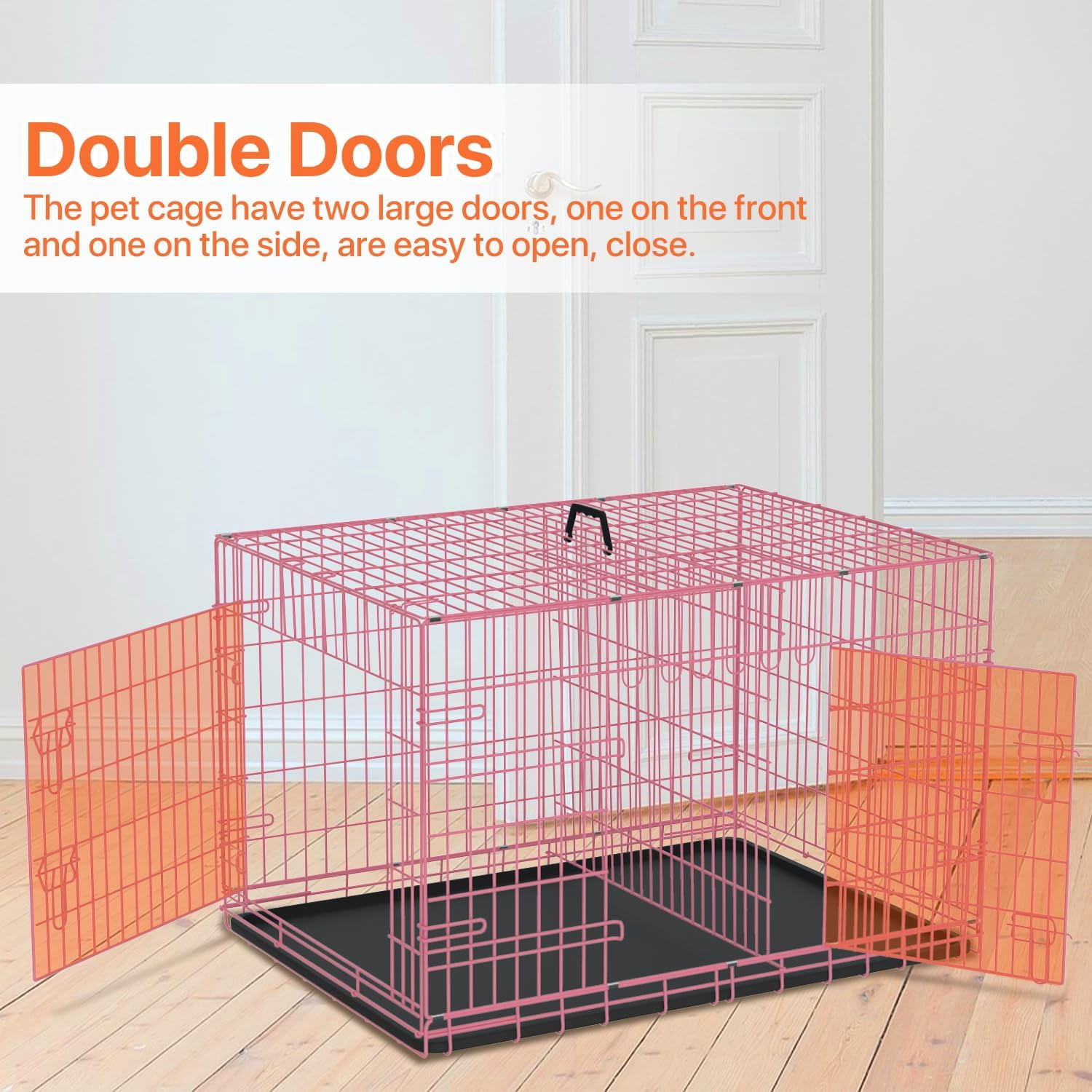 24 inch Dog Crate for Small Dogs Folding Portable Metal Dog Cage Kennel Double Door Pet Crate with Divider and Tray, Pink