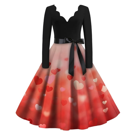 Valentine's Day Dresses for Women Long Sleev Vintage Floral Print V-Neck A-Line Cocktail Party Dress with Belt Watermelon Red XL