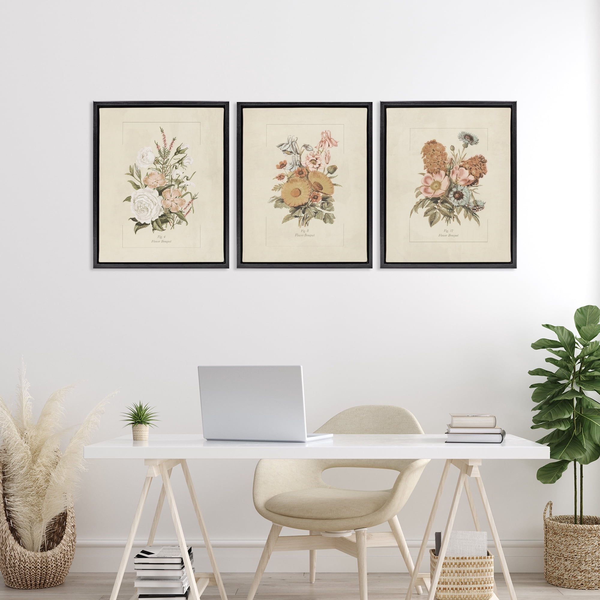 Stupell Industries Neutral Bouquet Studies 3 Piece Black Framed Floater Canvas Set, design by Dan Meneely