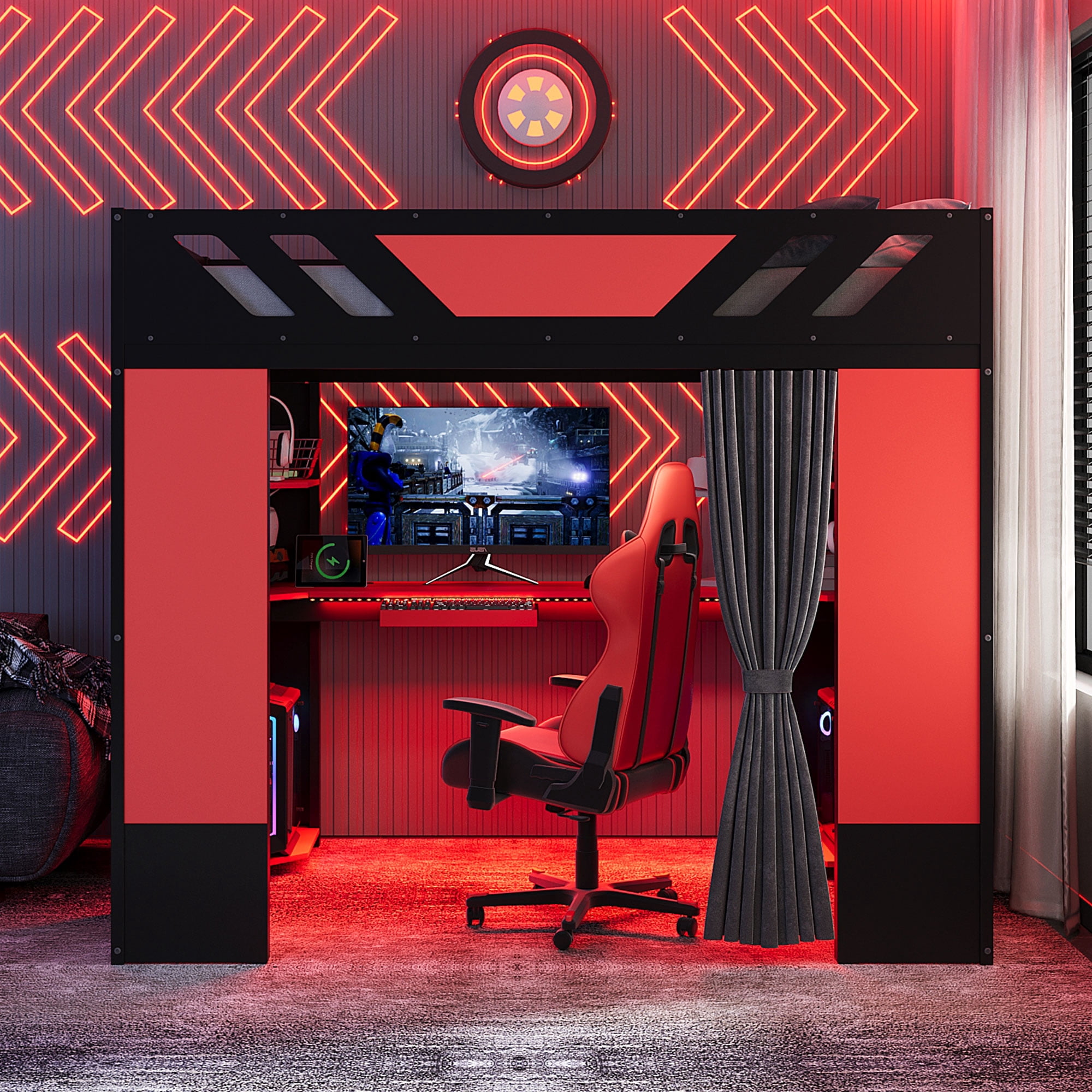 Mintazer Full Size Loft Bed with RGB Light & Desk, Cool Gaming Bed with Blackout Curtains & Storage Shelves for Dorm, Apartment, Black & Red