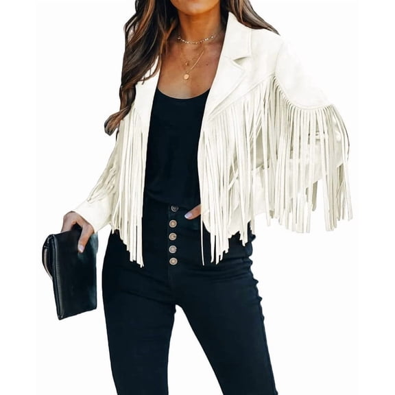 utcoco Women's Fashion Notched Collar Open-Front Fringed Performance Moto Faux Suede Leather Crop Jacket Coat