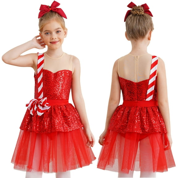 iiniim Kids Girls Christmas Elf Candy Cane Sequins Ballet Tutu Dance Dress Holiday Party Dress Up Red 6
