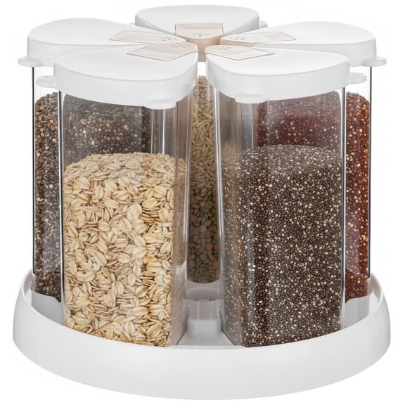 5 Grids Grain Dispenser for Kitchen, Revolving Food Storage Container, Countertop Clear Cereal Dispenser with Rotating Base for Rice, Oats, Beans, Flour