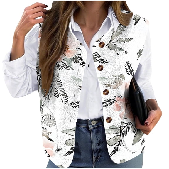 Women's Plus Size Fleece Vest Fuzzy Button Colorblock Sleeveless Jackets Floral Print Fall Dressy Casual Clothes White XL