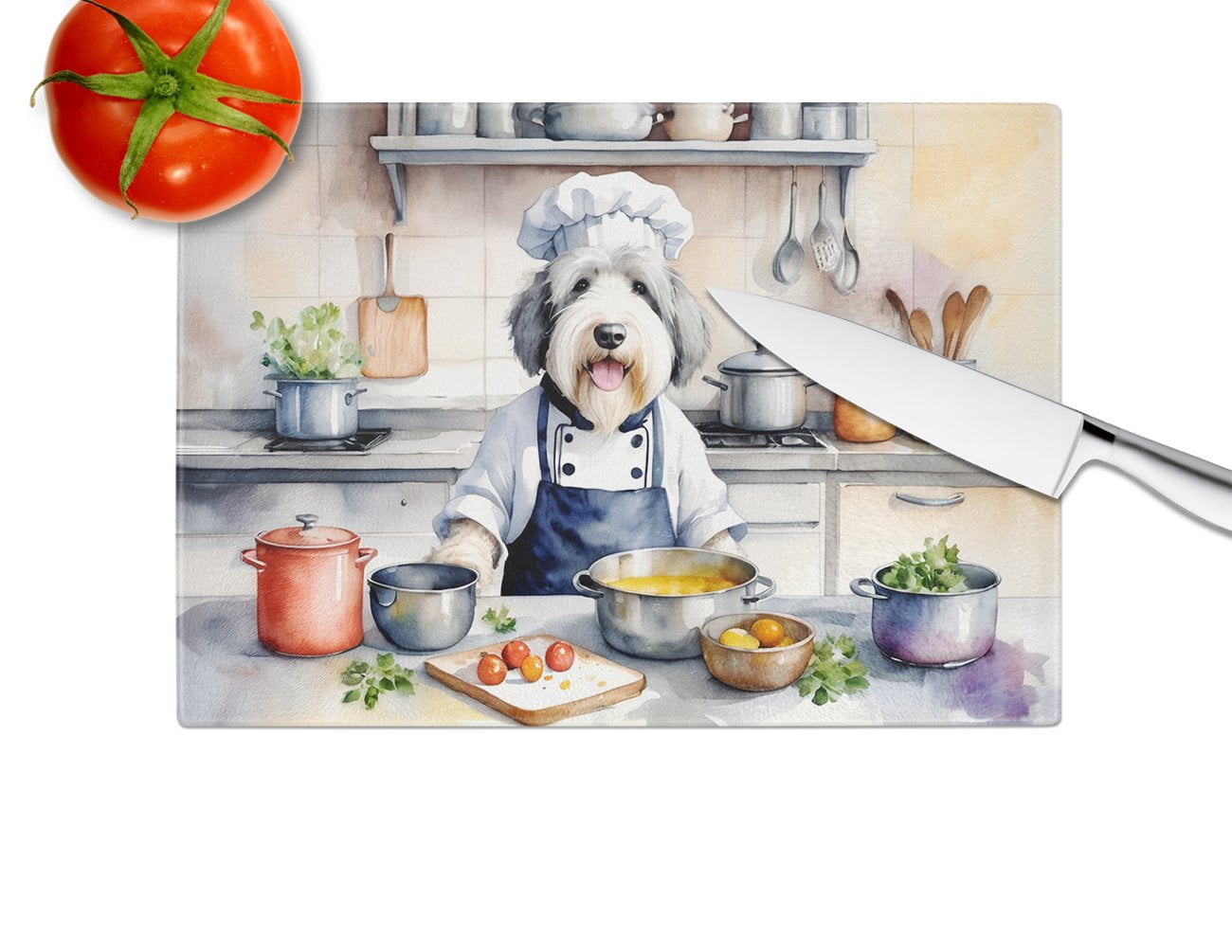 Old English Sheepdog The Chef Glass Cutting Board 12 in x 15 in