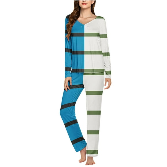 Ltctricy Women Pajama 2 Piece Outfits Casual Soft Long Sleeve Color Block Tops with Baggy Pants Sleepwear Sets Lounge Homewear
