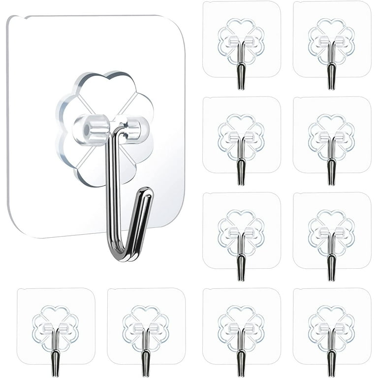 48pcs Adhesive Hooks 22lb(Max) Heavy Duty Wall Hooks Waterproof Oilproof Utility Hooks Clear Reusable Strong Sticky Self Adhesive Hooks Coat Hat Towel