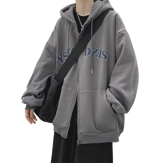 Sudadera con Capucha y Cremallera para Hombre Primavera Otoño Moda Vintage Informal Suelta con Estampado de Letras Sudadera con Capucha con Dibujo para Hombre Gris Claro XL