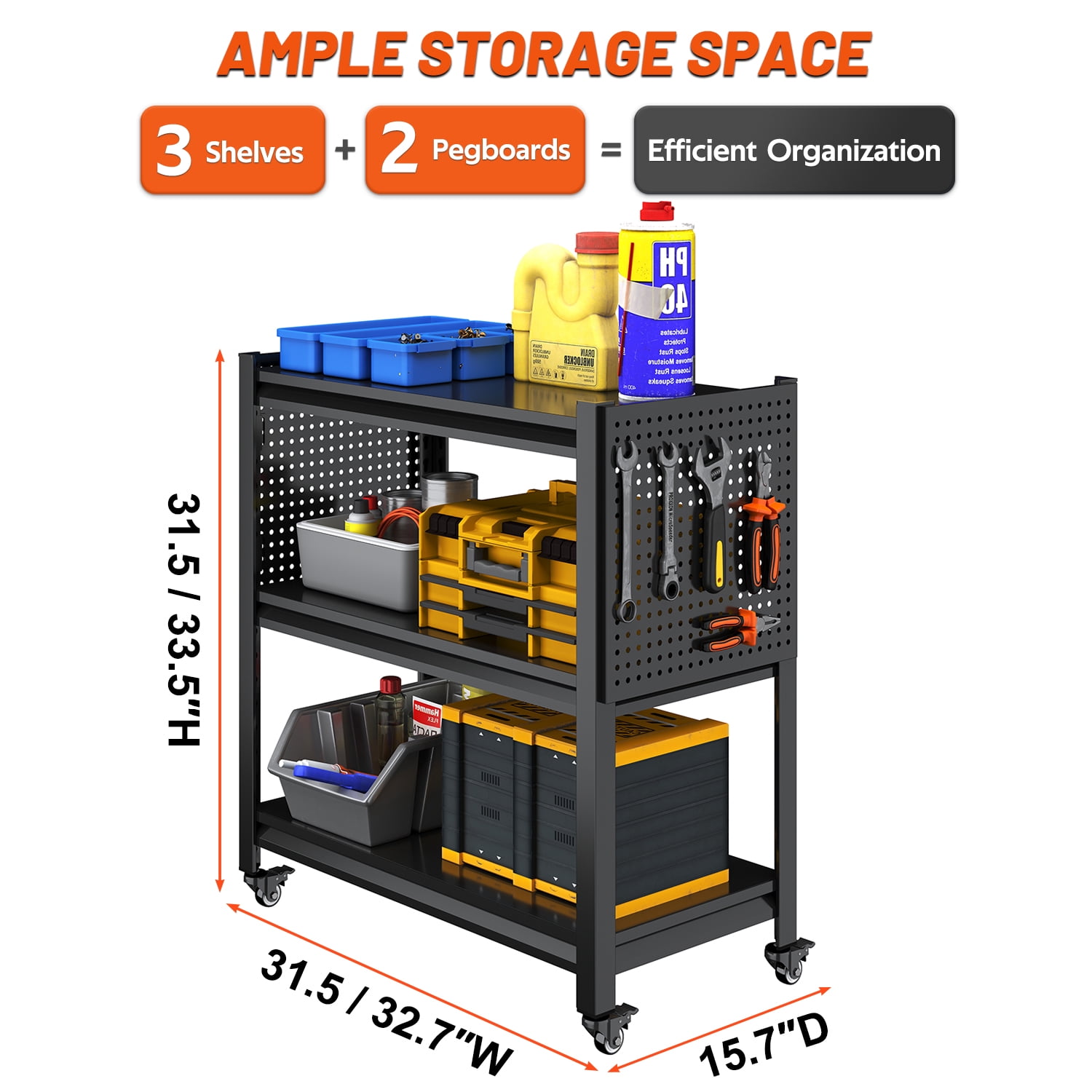 3 Tier Tool Cart on Wheels, Heavy Duty Metal Service Cart with Pegboards, 660 LBS Load Capacity Tool Utility Cart, Industrial Utility for Garage, Warehouse, Workshop