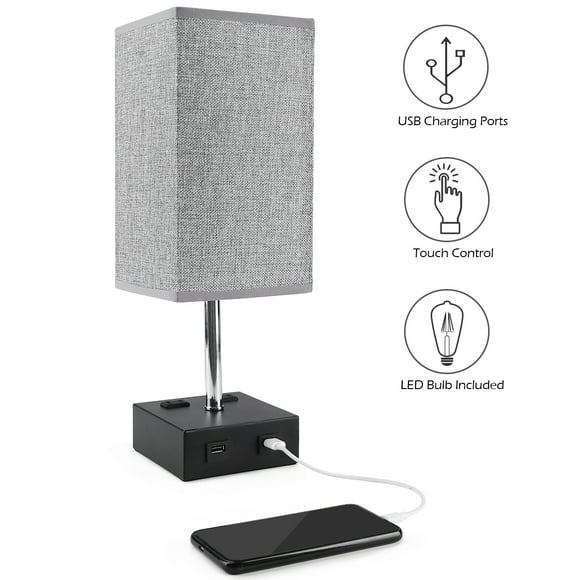 Mistaha Lampe de Table Tactile Moderne avec 2 Ports USB, 2 Prises Électriques, Lumière LED Dimmable à 3 Niveaux, Abat-Jour en Lin, Base en Métal - Inclut Ampoule Edison Vintage