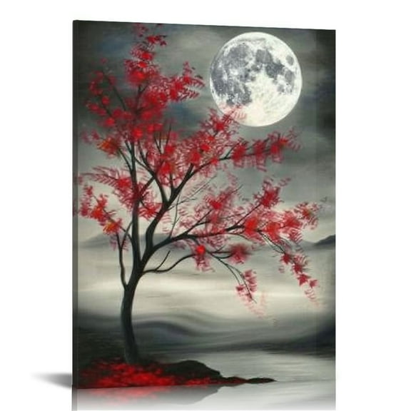 Acheng Black and Red Canvas Wall Art Full Moon Red Flower Tree Painting Nature Landscape Artwork Picture Print for Bedroom Living Room Ready to Hang 12x16 in