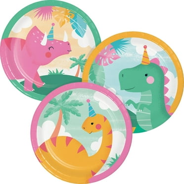 96 Count Bulk Pack Girl Dino Party 6.75 Inch Dessert Plate, Assorted Designs