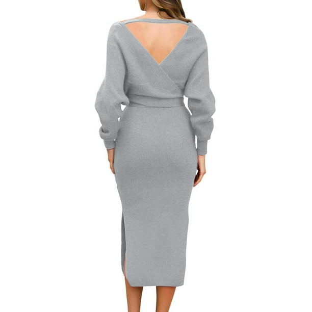 Vestido informal de mujer con cuello en V y espalda escotada: diseño elegante para todas las estaciones, lavable a máquina, tallas S-XL, largo 105-108 cm.