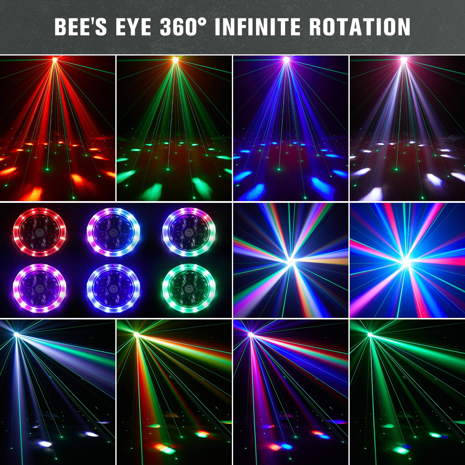 2PCS LED Moving Head Light, 6 Bee Eyes RGBW DMX Strobe Beam DJ Disco Stage Lighting w/ Light Strip