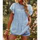 thumbnail image 3 of Blusa de mujer con cuello redondo y manga con volantes, estampado fluido, holgado, informal, de gasa, color azul L, 3 of 6