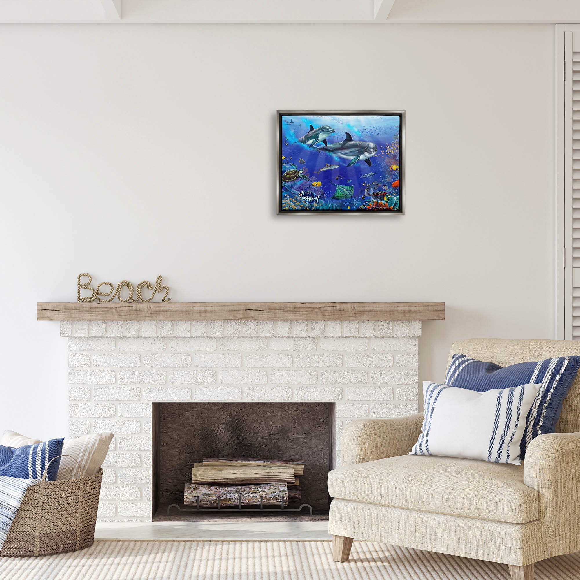 Stupell Industries Underwater Sea Life Scene Dolphins Coastal Painting Gray Floater Framed Art Print Wall Art