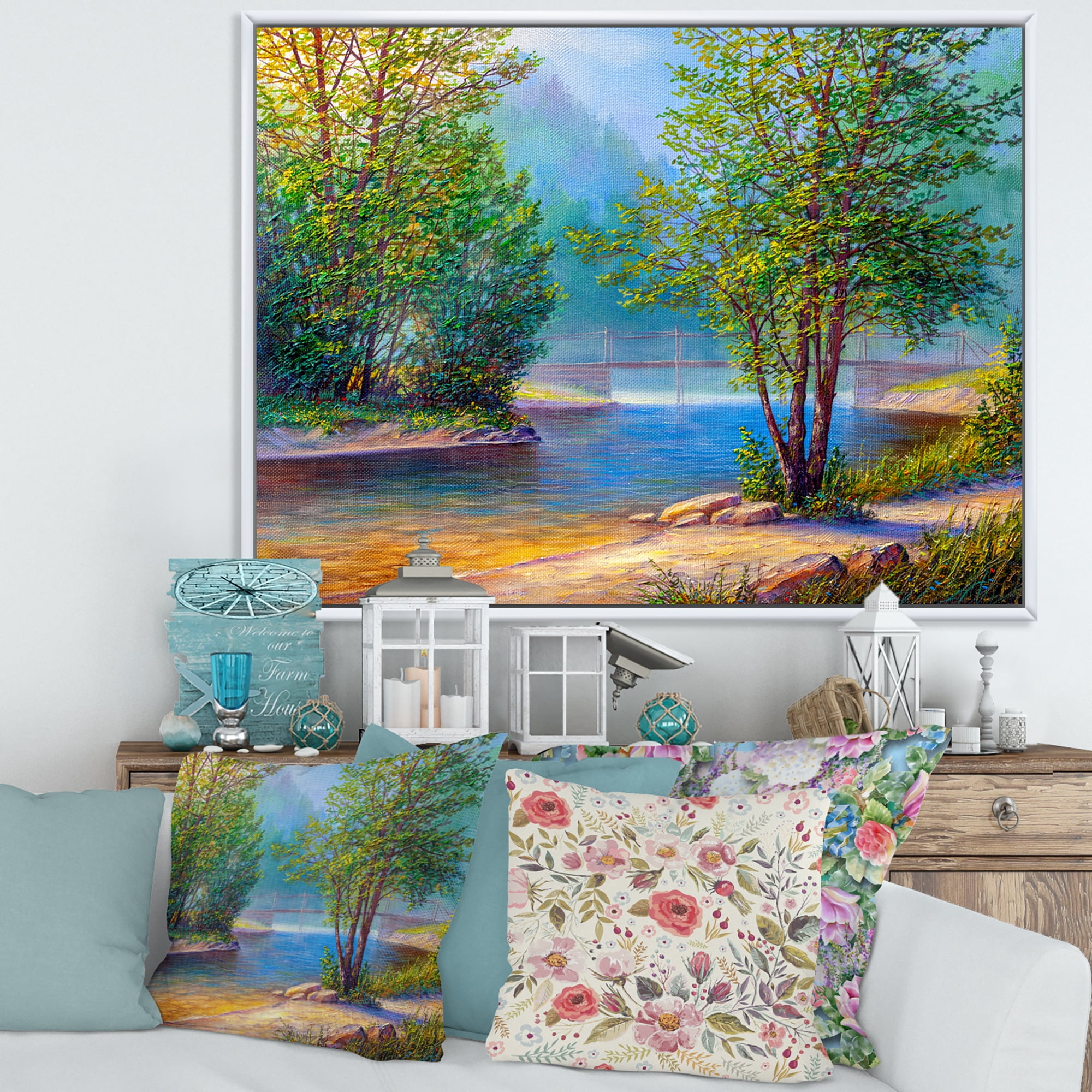 Designart 'Green Trees By The Bridge Over River' Traditional Framed Canvas Wall Art Print
