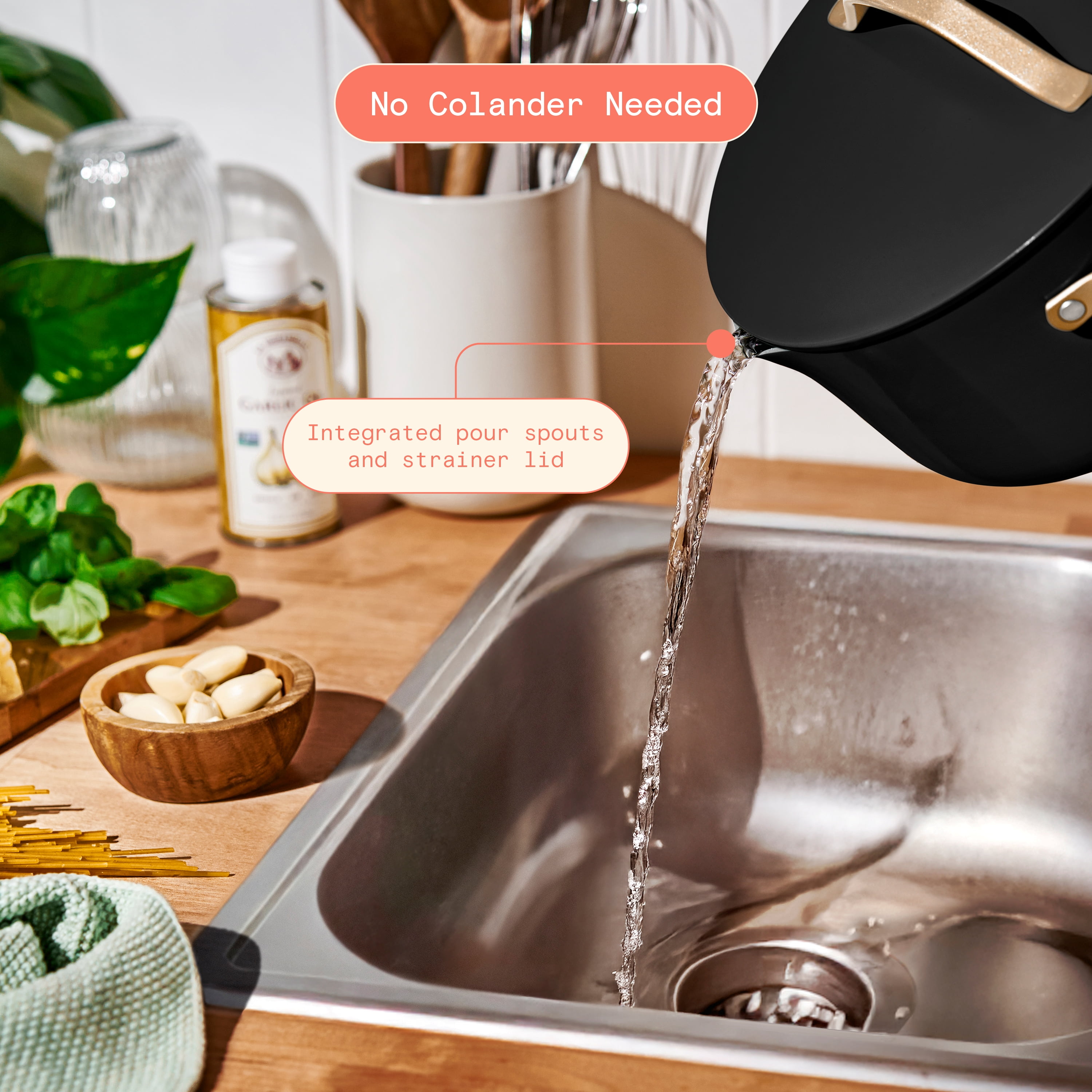 Beautiful 5 Quart Dutch Oven with Strainer Lid and EverGood Ceramic Nonstick Coating, Black Sesame by Drew Barrymore