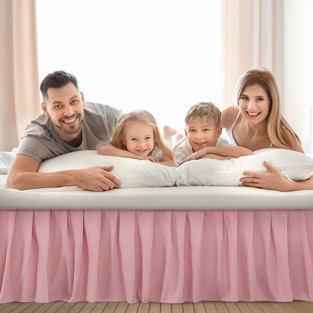 Unique Bargains Polyester Ruffled Bed Skirt with 16" Drop Queen Pink
