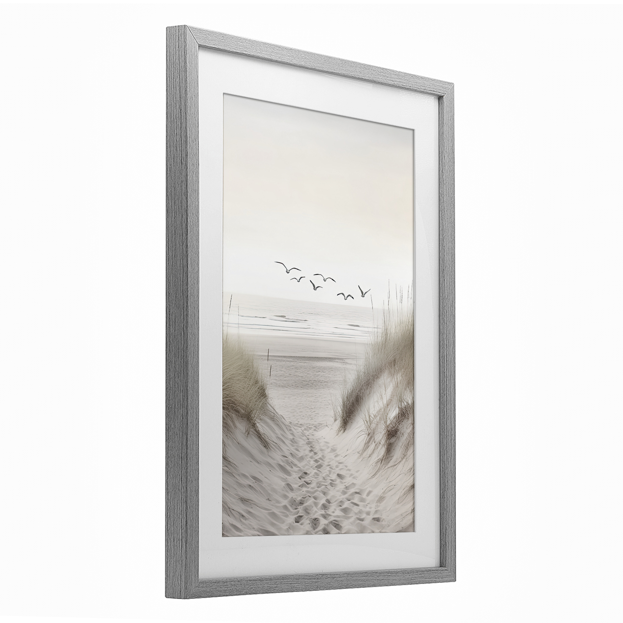 Seagulls over Sandy Footprints Gray Framed Print Under Glass, design by Decent Exposures