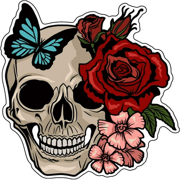WickedGoodz Butterfly Rose Skull Vinyl Decal - Flower Skull Bumper Sticker - for Laptops Tumblers Windows Cars Trucks Walls