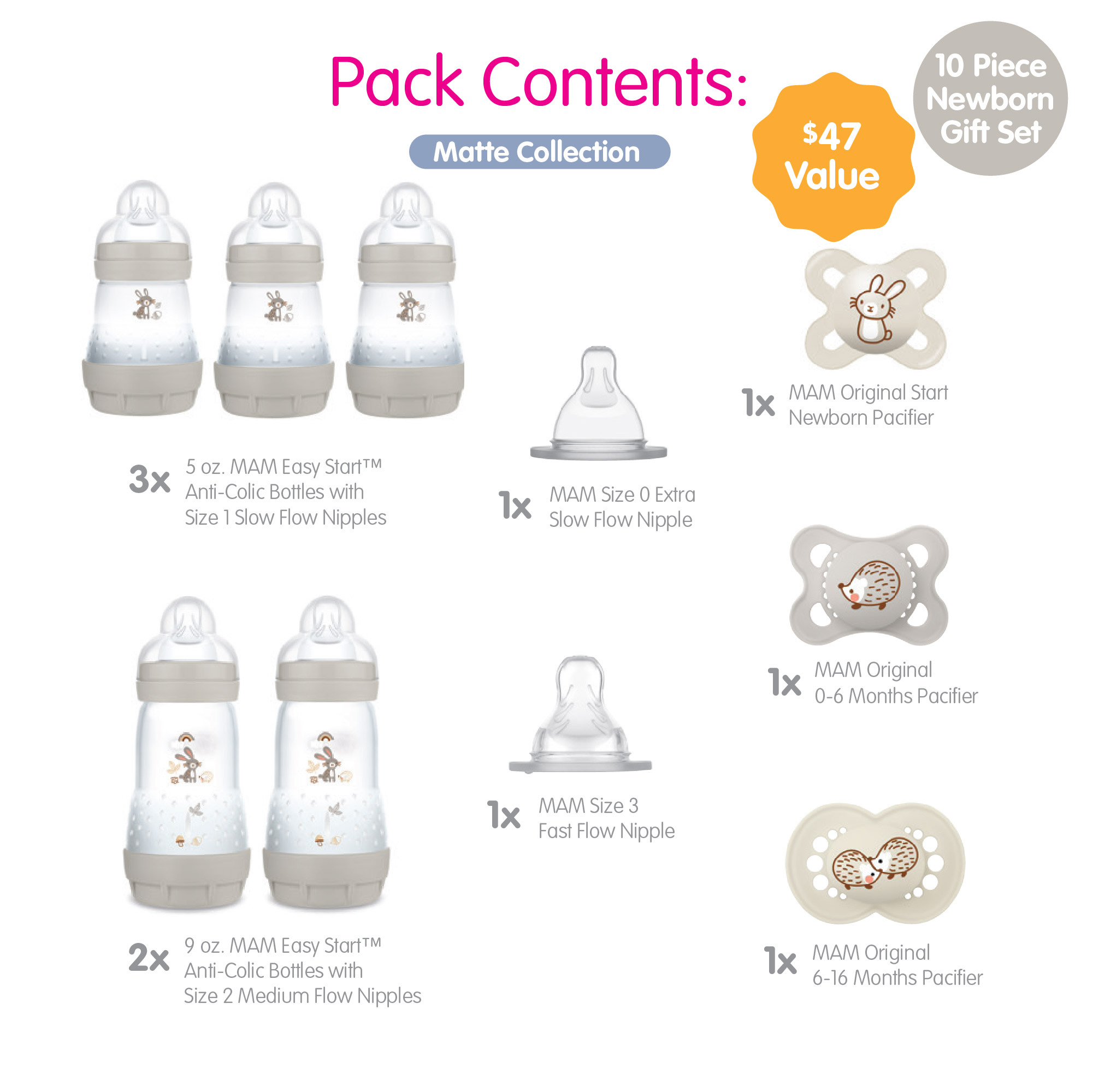 MAM Baby Bottle and Pacifier Matte Gift Set, Unisex, 10 Pack - image 2 of 9