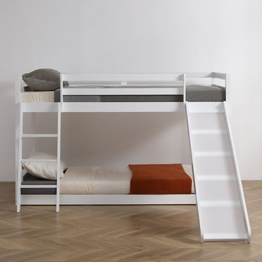 Ktaxon Solid Wood Low Twin Over Twin Bunk Bed Wih Slide for Kids/Toddlers/Junior, Bunk Bed Frame with Guardrails & Ladder for Boys Girls, No Box Spring Needed, White