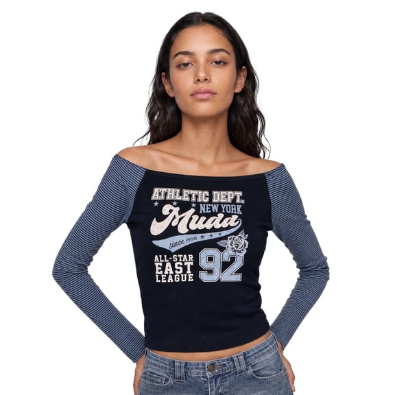 MUDD Junior's Long Sleeve Off the Shoulder Top - Graphic Print, Rhinestone Embellished T-Shirt for Women Sizes S-XL